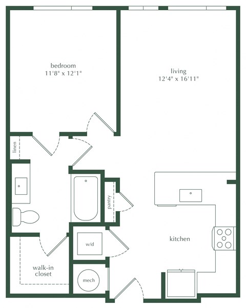 Floor plan for 1 bed, 1 bath, 714 sqft